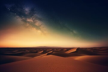 Fototapeta na wymiar Sunrise over sand dunes in the desert with warm gradient starry sky. Generative AI