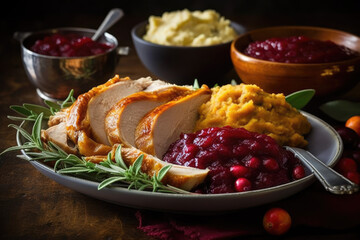 Traditional Thanksgiving dinner with turkey, stuffing and cranberry sauce