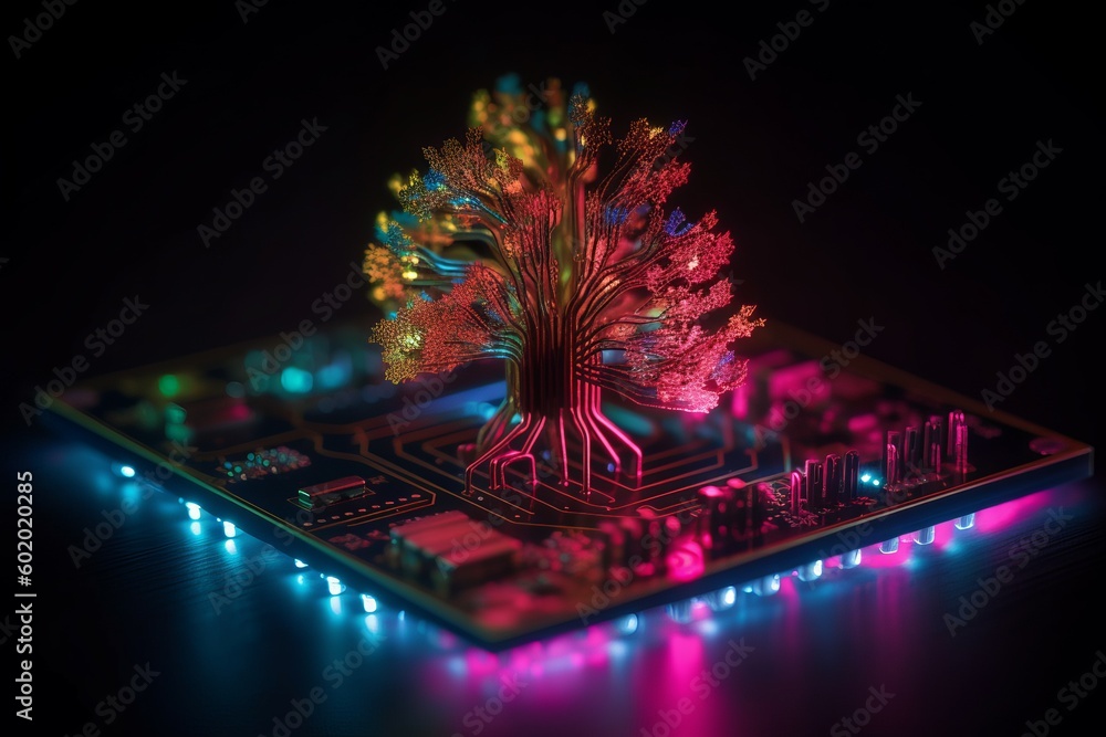 Aufkleber neon tree computer chip. generate ai