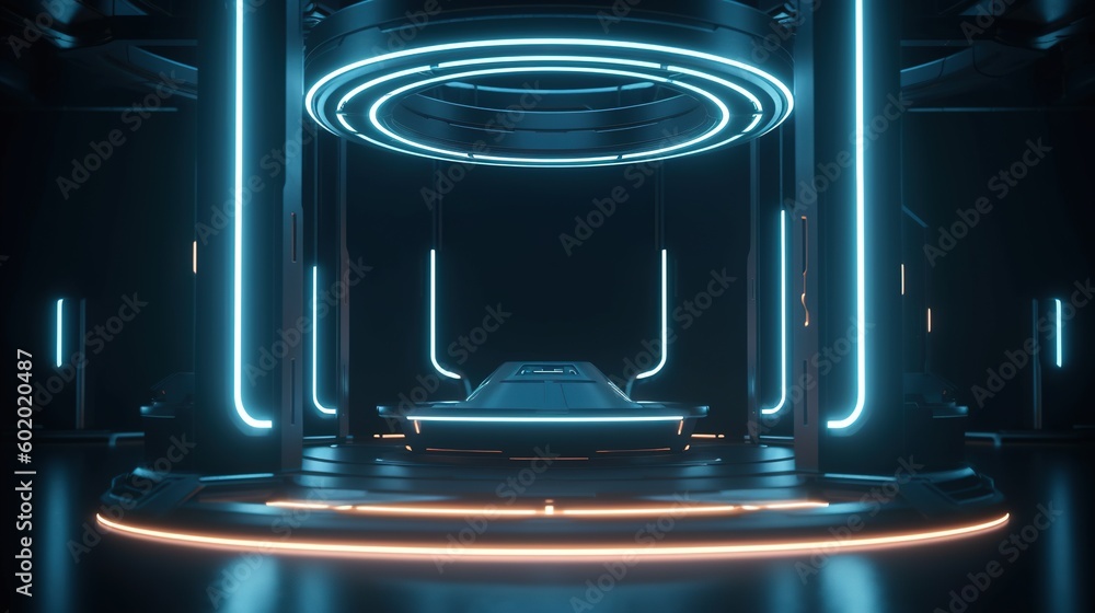 Wall mural futuristic sci fi empty stage with neon light. modern hall room display background for display produ