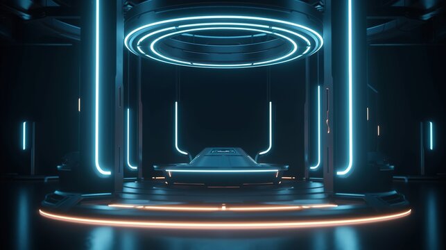 Futuristic Sci Fi Empty Stage with neon light. Modern Hall room display background for display products. 