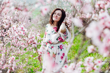 trees nature parks walk beautiful woman in pink flowers peach garden