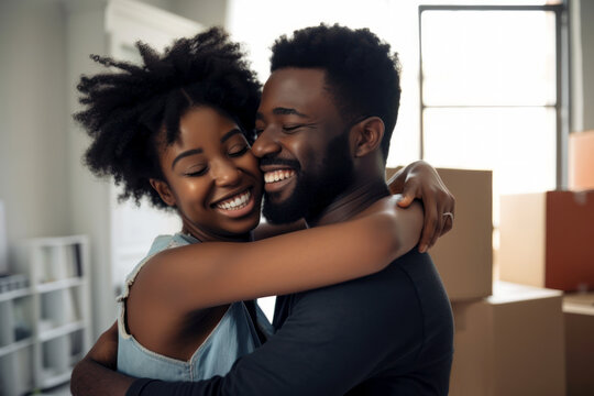 Happy young afro american couple hugging in new house after moving house. Photorealistic illustration generative AI.