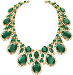 golden necklace with emerald gems and diamonds isolated on a transparent or white background as PNG, generative AI jewellery - obrazy, fototapety, plakaty