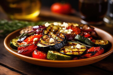 Mediterranean-style grilled vegetables with feta cheese and balsamic glaze