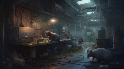 A dark, underground laboratory with genetically-modified rats. Fantasy concept , Illustration painting. Generative AI