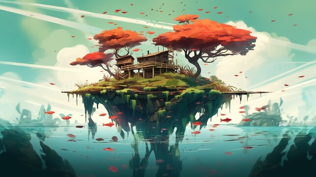 A floating island with upside-down trees and flying fish. Fantasy concept , Illustration painting. Generative AI