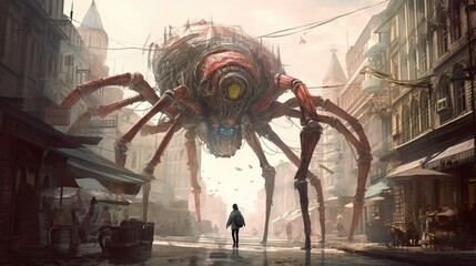 A giant mechanical spider walking through a city. Fantasy concept , Illustration painting. Generative AI