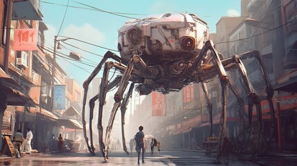 A giant mechanical spider walking through a city. Fantasy concept , Illustration painting. Generative AI