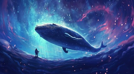 Fototapeta premium A giant whale swimming in a sea of stars. Fantasy concept , Illustration painting. Generative AI