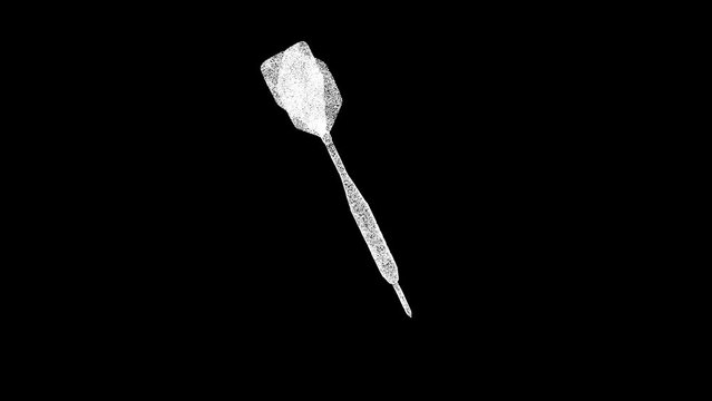3D darts dart rotates on black background. Object made of shimmering particles. Sport equipment concept. For title, text, presentation. 3d animation 60 FPS