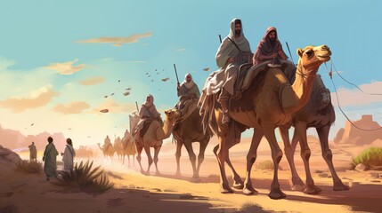A group of travelers riding through a desert on camels. Fantasy concept , Illustration painting. Generative AI