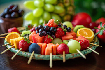 Platter of colorful fruit kabobs with a variety of fresh fruits