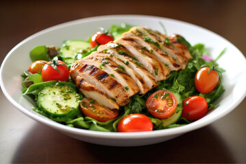 Vibrant salad with mixed greens, cherry tomatoes, sliced cucumbers, and grilled chicken