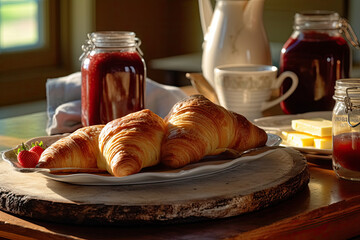 Freshly baked croissants with a side of jam and butter