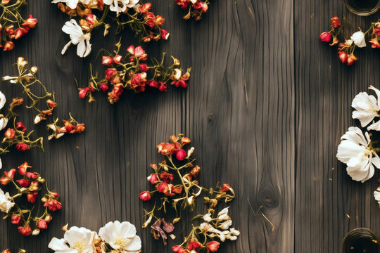 some flowers in wooden background top view Ai generated. 