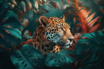 Tropical art leopard animal. Generate Ai - obrazy, fototapety, plakaty