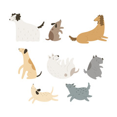 Fototapeta premium Set of cartoon dogs, decor elements . Colorful flat vector illustration for children. baby design for prints, posters, cards