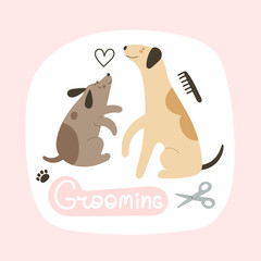 Grooming. Cartoon dog, decor elements. flat style, colorful vector for kids. Grooming. baby design for cards, poster decoration, t-shirt print