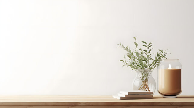 Traditional interior wall mockup with green twigs in vase and candle standing on light brown wooden table on empty white background.