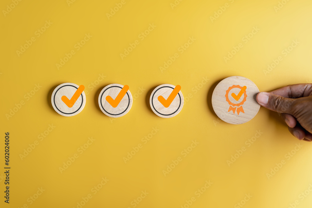 Aufkleber Checklist Quality management with Quality Assurance or QA and Quality Control or QC and improvement. Standardization certification. Compliance to regulations service and standards.