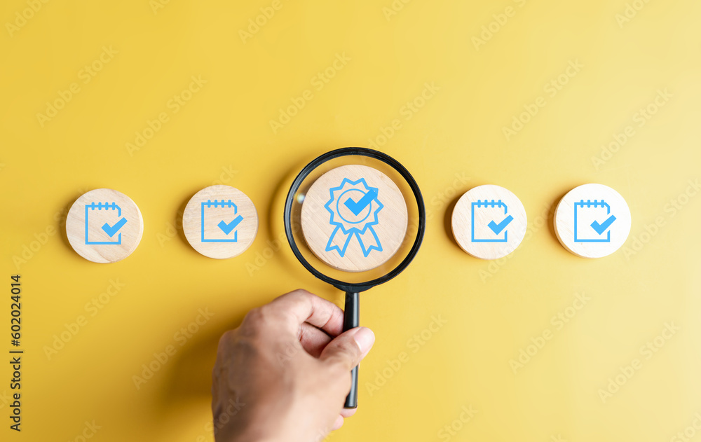 Aufkleber Checklist Quality management with Quality Assurance or QA and Quality Control or QC and improvement. Standardization certification. Compliance to regulations service and standards.