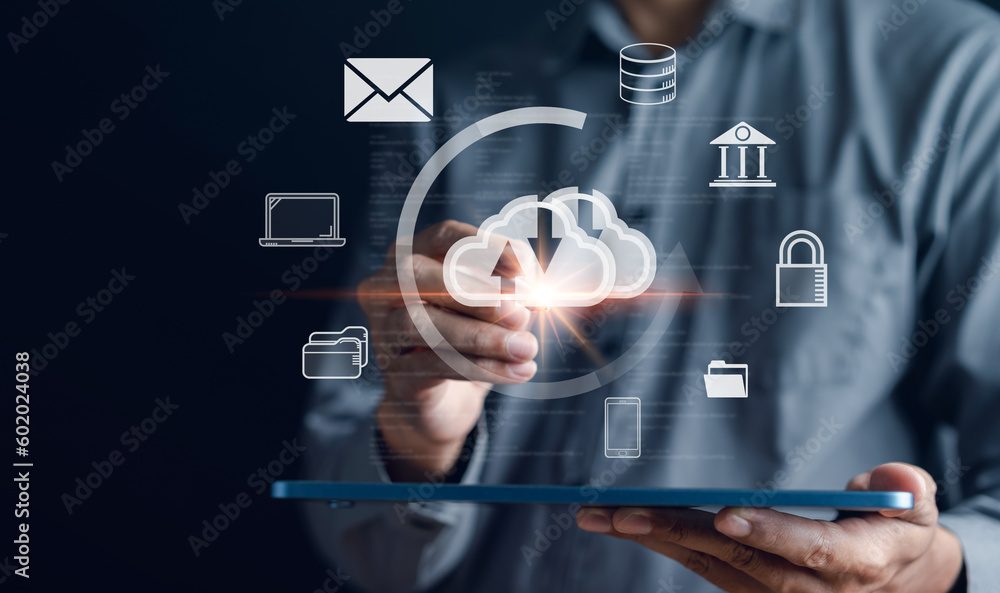 Leinwandbilder Cloud computing to download and loading data information and upload on system network application. Technology transformation concept