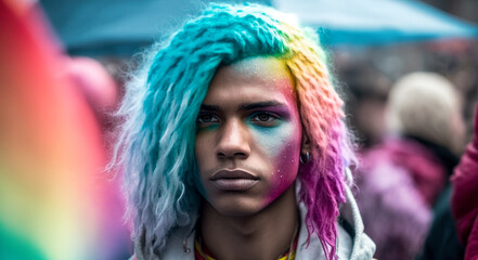 African american man proudly joins the ranks of the LGBT demonstration, their face painted in the iconic colors of the rainbow flag, standing as a symbol of solidarity and visibility. Generative AI.