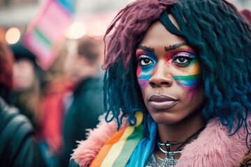 Bisexual african american woman draped in vibrant rainbow attire and adorned with pride flag face paint, proudly marches in the LGBT demonstration, demanding inclusivity and acceptance. Generative AI.