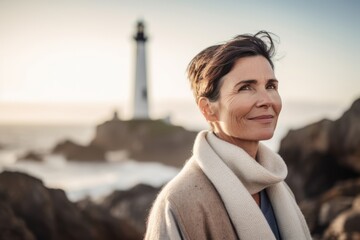 Portrait of smiling senior woman standing in front of a lighthouse at sunset