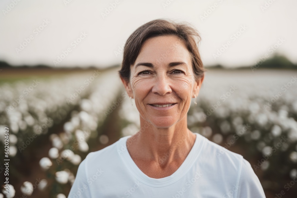 Wall mural Portrait of smiling mature woman standing in cotton field on sunny day