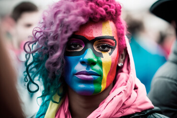 Unrecognizable trans person dressed with colorful clothing and with face painted with rainbow flag colors, in the midst of LGBT demonstration advocates for more inclusive world. Generative AI.