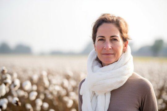 Portrait of mature woman standing in cotton field, looking at camera