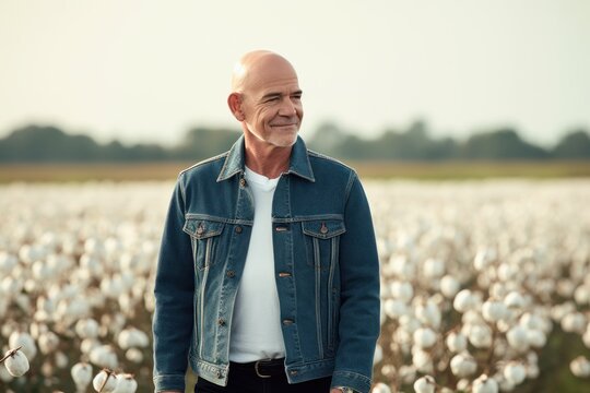 Portrait of a handsome mature man in denim jacket standing in cotton field.