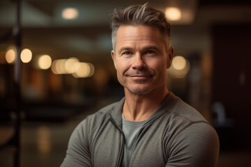 Obraz premium Portrait of handsome mature man smiling at camera in fitness studio.