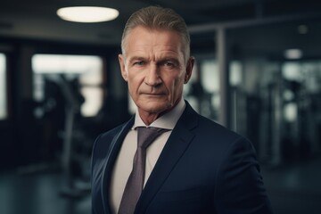 Naklejka premium Portrait of confident senior businessman in suit looking at camera in gym