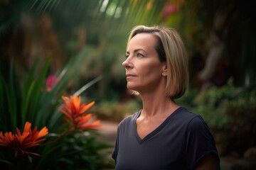 Naklejka premium Portrait of a beautiful woman in a tropical garden, looking away