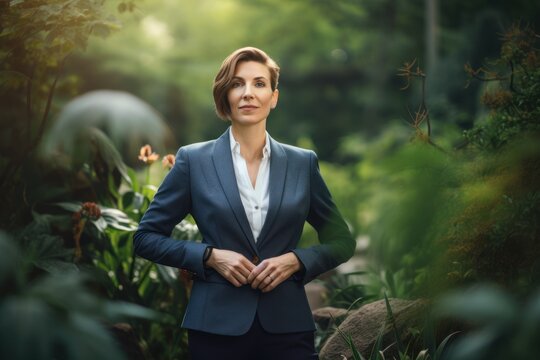 Medium shot portrait photography of a satisfied woman in her 40s wearing a sleek suit against a botanical or butterfly garden background. Generative AI