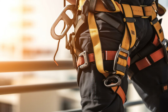 Climber worker with construction safety equipment working at height, safety harness and seat belt closeup. Generative AI