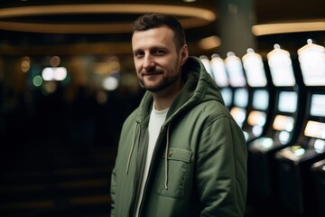 Portrait of a young man in a green jacket at the casino