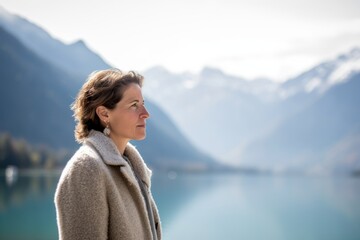 Fototapeta premium Mature woman standing on a lake shore looking to the side with mountains in the background