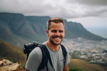 Handsome young man with backpack standing on top of a mountain and smiling