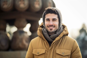 Portrait of handsome man in winter clothes smiling at camera while standing outdoors