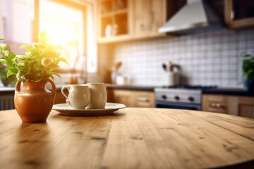 Fototapeta na wymiar A table in background of a kitchen Generative AI
