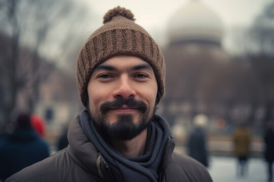 young handsome bearded hipster man in winter hat outdoors in the city