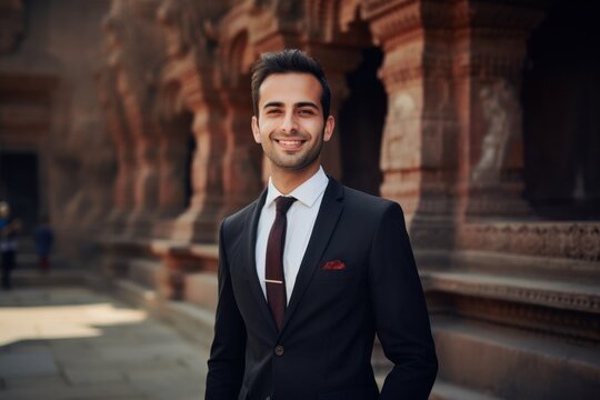 Portrait of a handsome young man in a black suit on the background of the ancient architecture