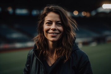 Fototapeta na wymiar Lifestyle portrait photography of a grinning woman in her 30s wearing a chic cardigan against a sports field or stadium background. Generative AI