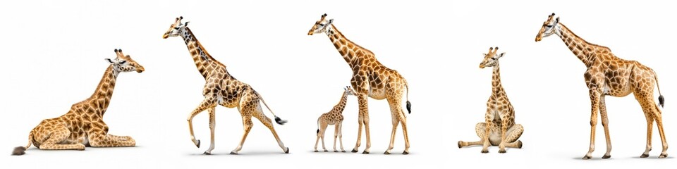 Wildlife zoo safari giraffes animals banner panorama long - Collection of standing, sitting, lying group of giraffe (giraffa) family with young baby, isolated on white background, Generative Ai