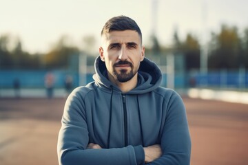 Fototapeta premium Portrait of a young man with a beard on the sports field.