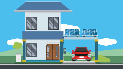 Electric sport car parking charging at home wall box charger station. Energy storage with photovoltaic solar panels on building roof. with road and green grass and mountain under blue sky.